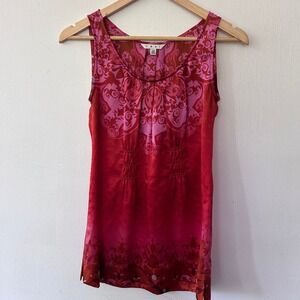 Cabi Silk Tank Top Women XS Pink Red Damask Pleated Smocked Boho Chic Japanese